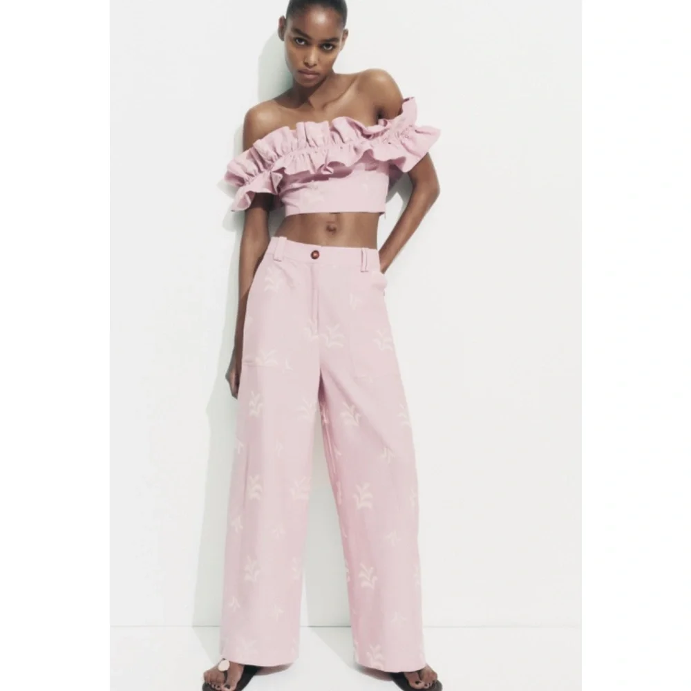 ZARA EMBROIDERED LINEN BLEND PANTS